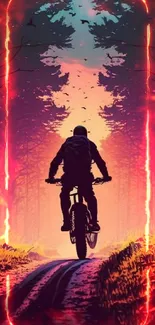 Cyclist silhouette in a vibrant sunset forest.