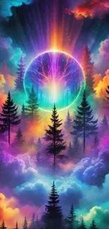 Vibrant neon forest with cosmic sphere and colorful clouds.