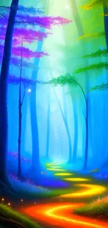 A vibrant forest scene with a glowing path and colorful trees.