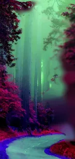 Surreal forest path with vibrant magenta and green hues.