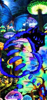 Fantasy wallpaper with glowing mushrooms, dragon, and a butterfly in a vibrant forest.