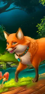 Vibrant orange fox in a mystical forest with mushrooms and a river.