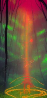 Mystical forest glowing with neon light and vibrant colors in mobile wallpaper.