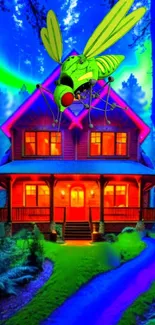 Vibrant neon forest house with a large glowing insect above.