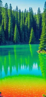 Vibrant colored forest lake with lush green trees reflecting in water.