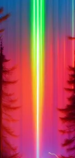 Mobile wallpaper of a vibrant forest with colorful light beams.