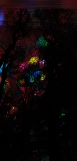 Colorful forest with vibrant lights, creating a mystical and artistic wallpaper.