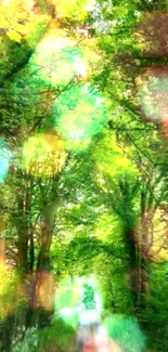 Lush forest path with vibrant light effects and green bokeh, perfect for nature lovers.