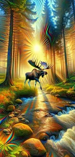 Colorful moose in forest with stream and sunlight.