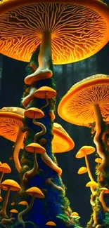 Vibrant glowing mushrooms in a dark forest setting.