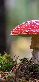 Vibrant red mushroom in a dewy forest setting.