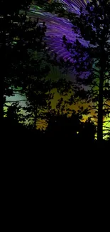 Silhouette of trees against a colorful night sky with vibrant purple and green hues.