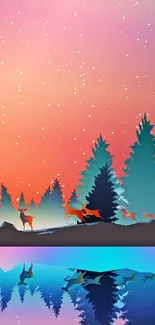 Vibrant forest nightscape with colorful reflections and deer in silhouette.