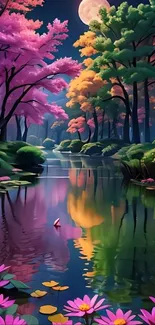 Enchanting night forest with moonlit lake and colorful trees.