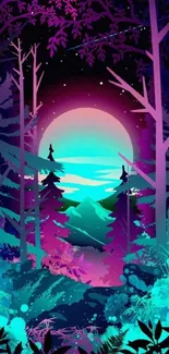 Vibrant purple and teal forest nightscape wallpaper.