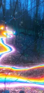 Vibrant forest with a glowing rainbow path at night.