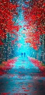 Vibrant red forest path with blue light and two figures walking.