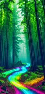 Neon trail through lush green forest wallpaper.