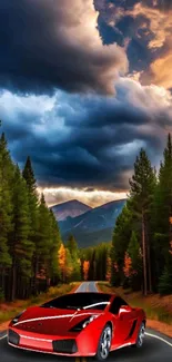 Red sports car on a forest road with dynamic clouds.