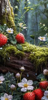 Fresh strawberries and flowers on mossy log in forest setting.