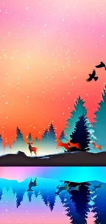 Vibrant sunset forest silhouette with deer and birds over a reflective lake.