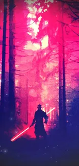 Neon forest scene with warrior silhouette holding glowing sword.