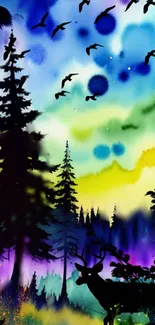 Vibrant watercolor forest with wildlife silhouettes at sunset.