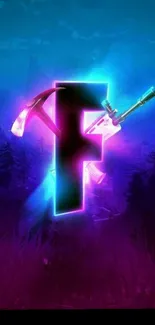 Neon Fortnite mobile wallpaper with vibrant 'F' and gaming theme.