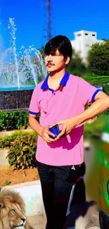 Man standing near fountain with lush greenery and lion.