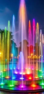 Colorful night fountain with vibrant water jets and lights.