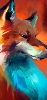 Abstract fox with fiery orange and blue hues.