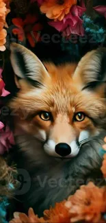 Vibrant fox surrounded by colorful blossoms in a scenic wallpaper.
