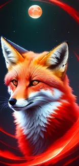 Vibrant fox with fiery aura under a glowing moon, perfect for nature lovers.