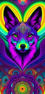 Vibrant psychedelic fox with neon colors in abstract design.