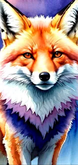 Vibrant orange and purple fox art on phone wallpaper.