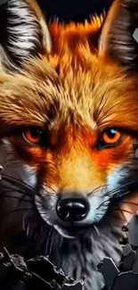 Vivid fox bursting through cracked wall illustration.