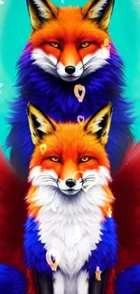 Vibrant and colorful fox duo on teal background.