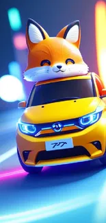 Playful fox mascot sits on an orange car with neon lights in the background.