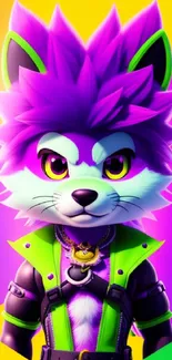 Purple fox character on neon background with vibrant colors.