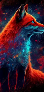 Vibrant neon fox digital art wallpaper with red and blue hues.