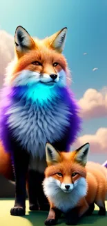 Whimsical foxes in a surreal, colorful background.