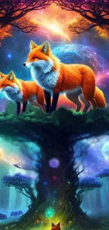 Fantasy wallpaper with vibrant foxes atop a mystical tree.