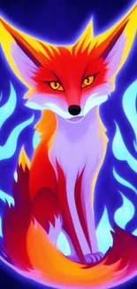 A vibrant orange fox surrounded by blue flames in a fantasy-themed wallpaper.