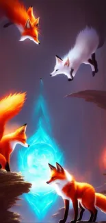 Fantasy foxes surround a glowing blue orb in a mystical scene.