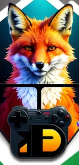 Vibrant fox with gaming controller on geometric background.