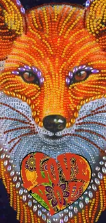 Detailed fox face with heart design in vibrant colors.