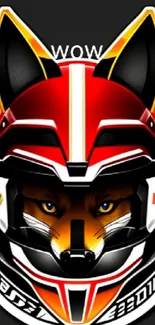 Mobile wallpaper with a vibrant fox in a detailed racing helmet on a dark background.