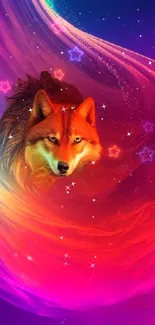 Vibrant cosmic swirl with a fox centerpiece in colorful hues for mobile wallpaper.