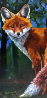 Vibrant artwork of a fox in a dark green forest background.