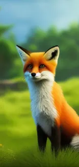 Orange fox sitting in a vibrant green meadow with forest background.